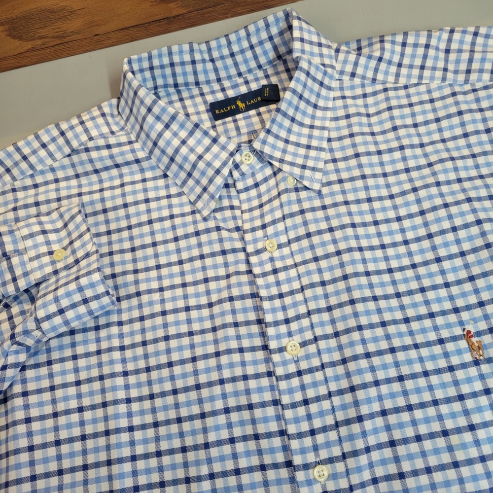 Ralph Lauren Mens 3XB Blue White Gingham Check Button‎ Down Shirt Big & Tall